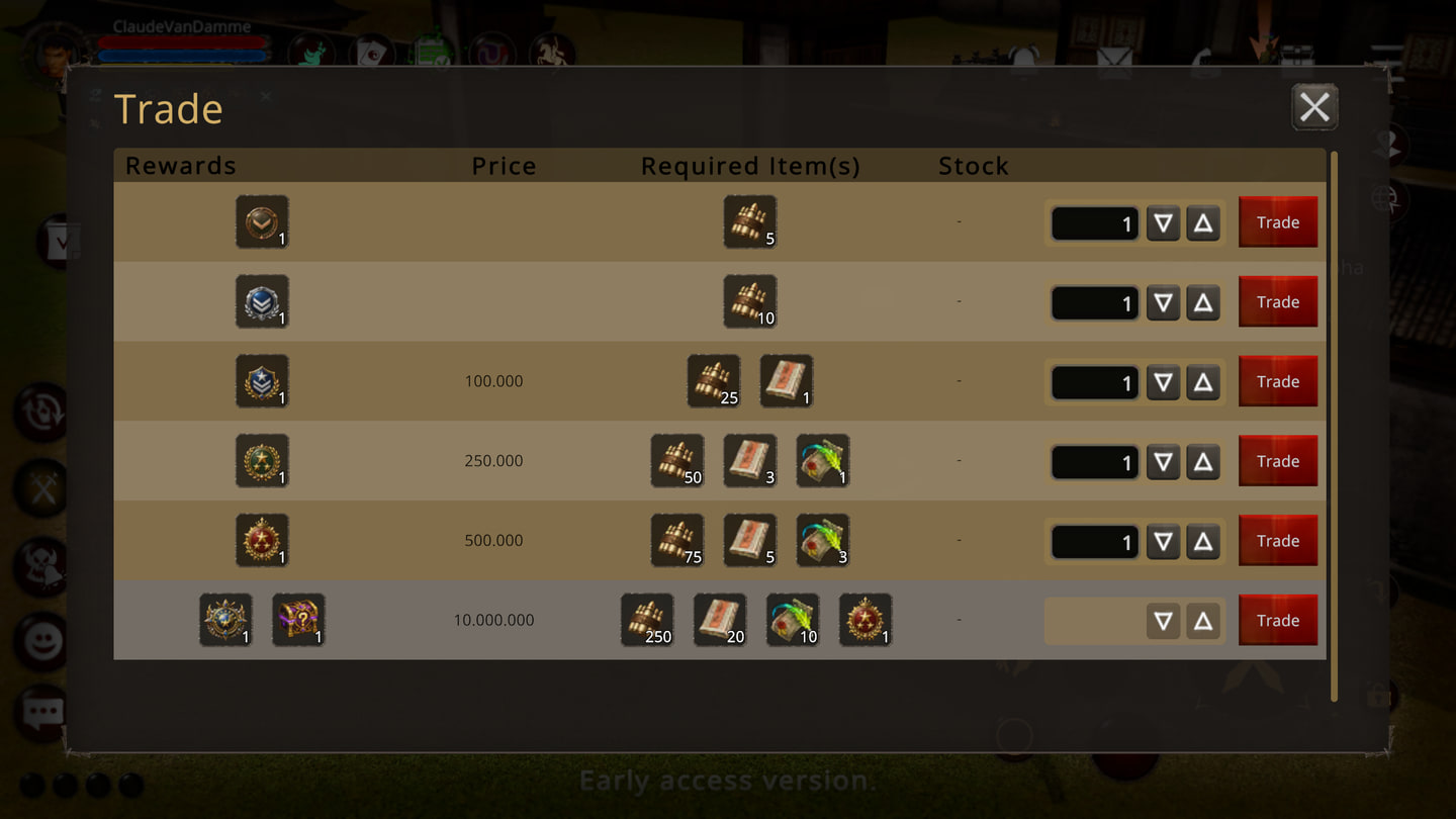 The medal list on the War General's trade screen